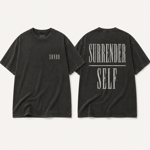 Two views of a washed black t-shirt on a light beige background. The front view shows a small white 'SANDR' logo on the left chest, and the back view features a large distressed white graphic reading 'SURRENDER SELF' with a horizontal line.